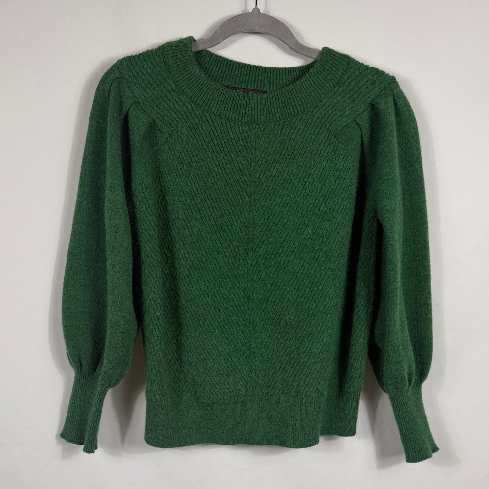 Deluc Emerald Green‎ Crew Neck Sweater. Womens Size M. Pleats. Puff sleeves